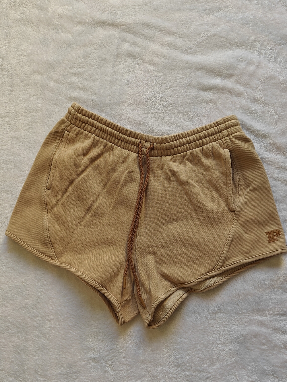 PINK Women's Beige Sweat Shorts, Drawstring Elastic Waist, Pockets, Size S